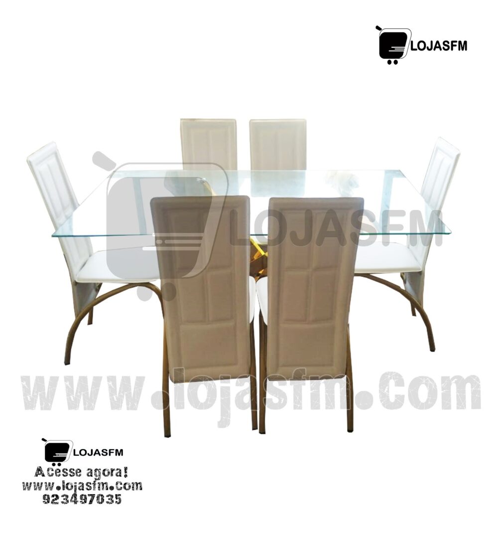 Mesa de jantar com 6 cadeira tampo em vidro armação dourada metálica acento e encosto em napa branco produto novo com direito entrega e montagem - Image 1