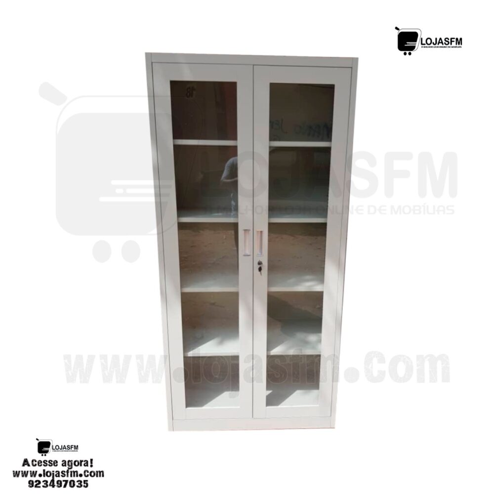 Armário Metálico com Portas de Vidro – 180x90 cm em Cinza Elegante - Image 1