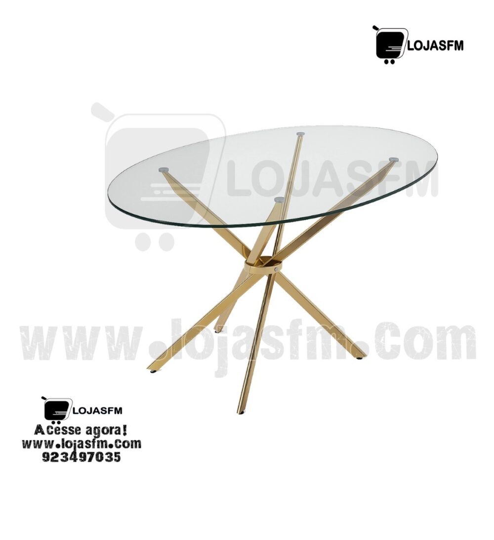 Mesa Oval Prisma 90x90 – Vidro Temperado e Base Metálica Dourada - Image 1