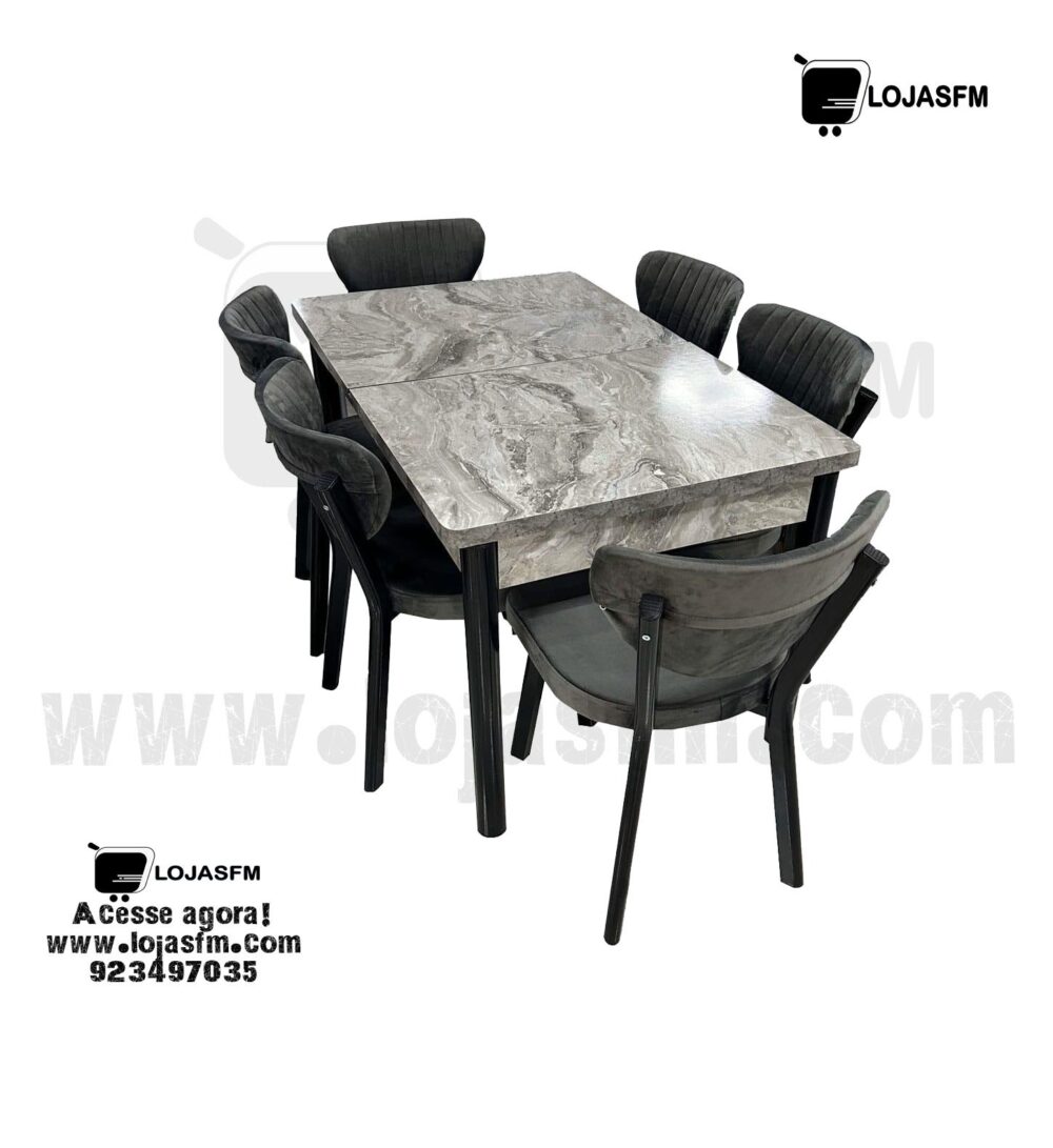 Mesa de Jantar com 6 Cadeiras – Tampo Marmorizado e Cadeiras Estofadas com Encosto Curvo - Image 1