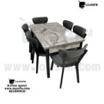 Mesa de Jantar com 6 Cadeiras – Tampo Marmorizado e Cadeiras Estofadas com Encosto Curvo