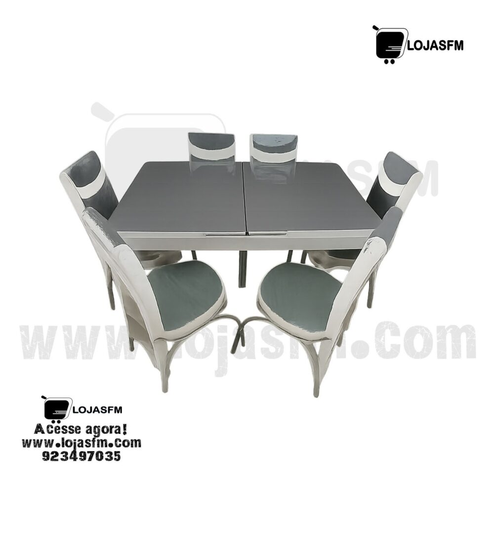 Mesa de Jantar com 6 Cadeiras – Tampo Cinza Brilhante e Estrutura Contemporânea - Image 1