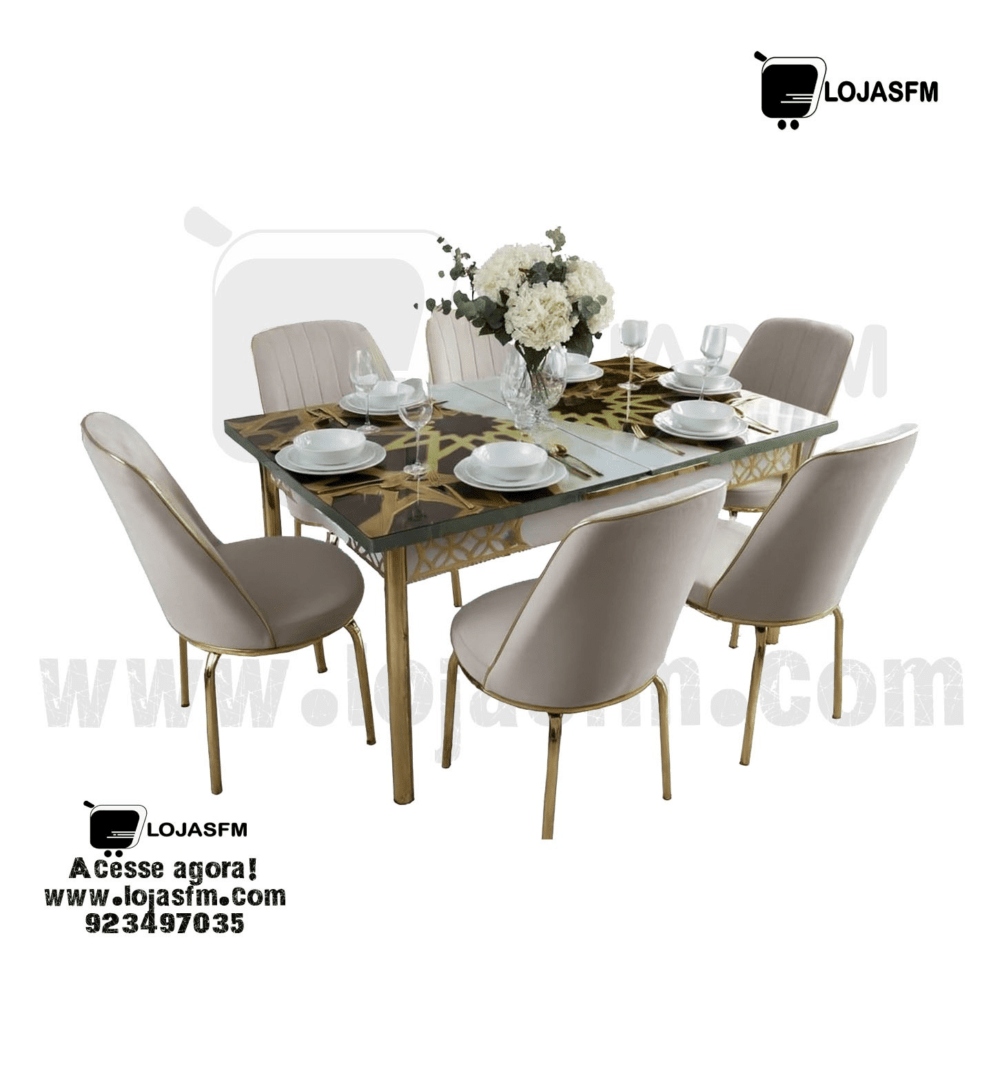 Mesa de Jantar com 6 Cadeiras – Vidro Decorado e Estrutura Dourada - Image 1