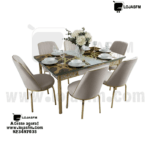 Mesa de Jantar com 6 Cadeiras – Vidro Decorado e Estrutura Dourada