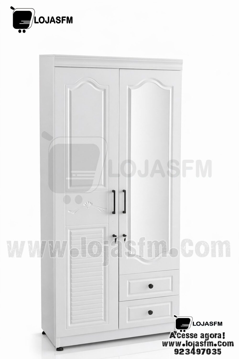 Guarda-Roupa Clássico Branco com Espelho – 2 Portas + 2 Gavetas (194 × 80 × 45 cm)  Entrega e Montagem Inclusas - Image 1