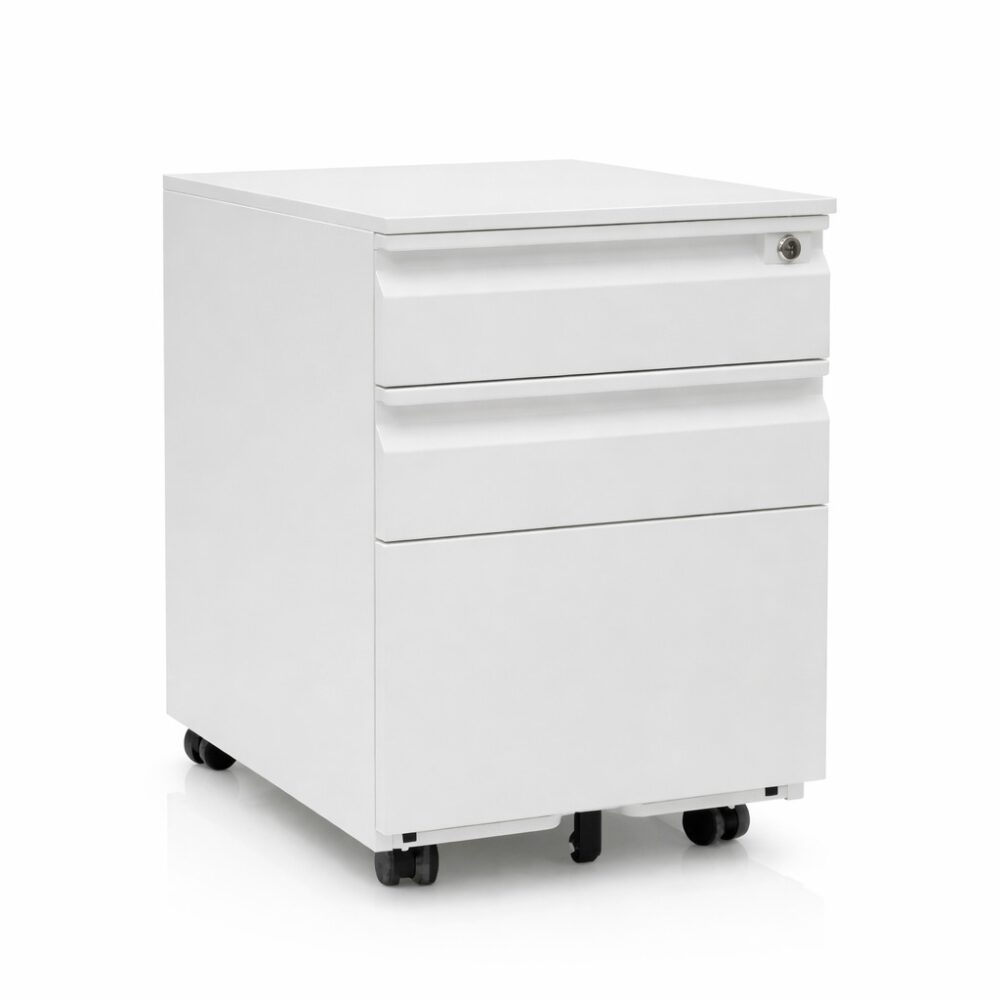 Bloco de Gaveta com Estrutura Metálica Branca – 3 Gavetas com Rodas e Fechadura - Image 2