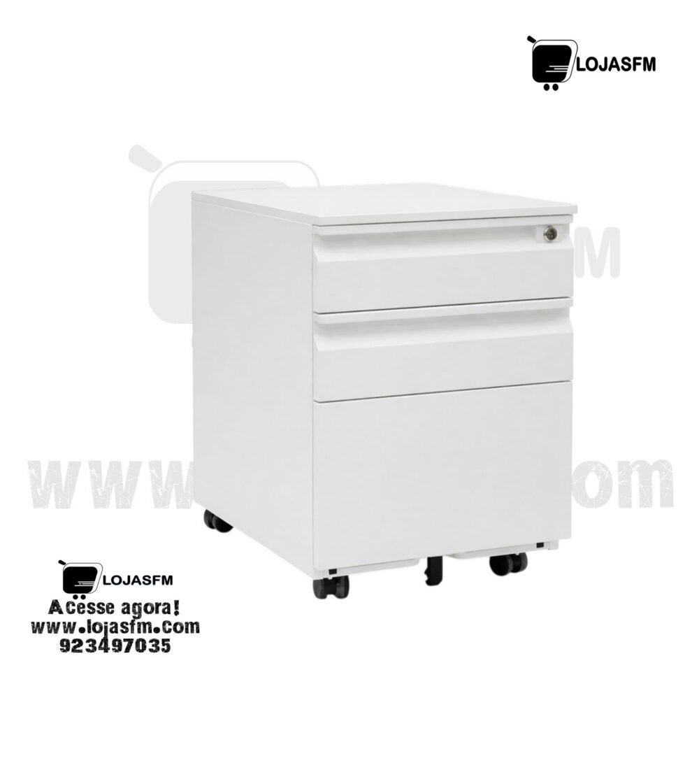 Bloco de Gaveta com Estrutura Metálica Branca – 3 Gavetas com Rodas e Fechadura - Image 1