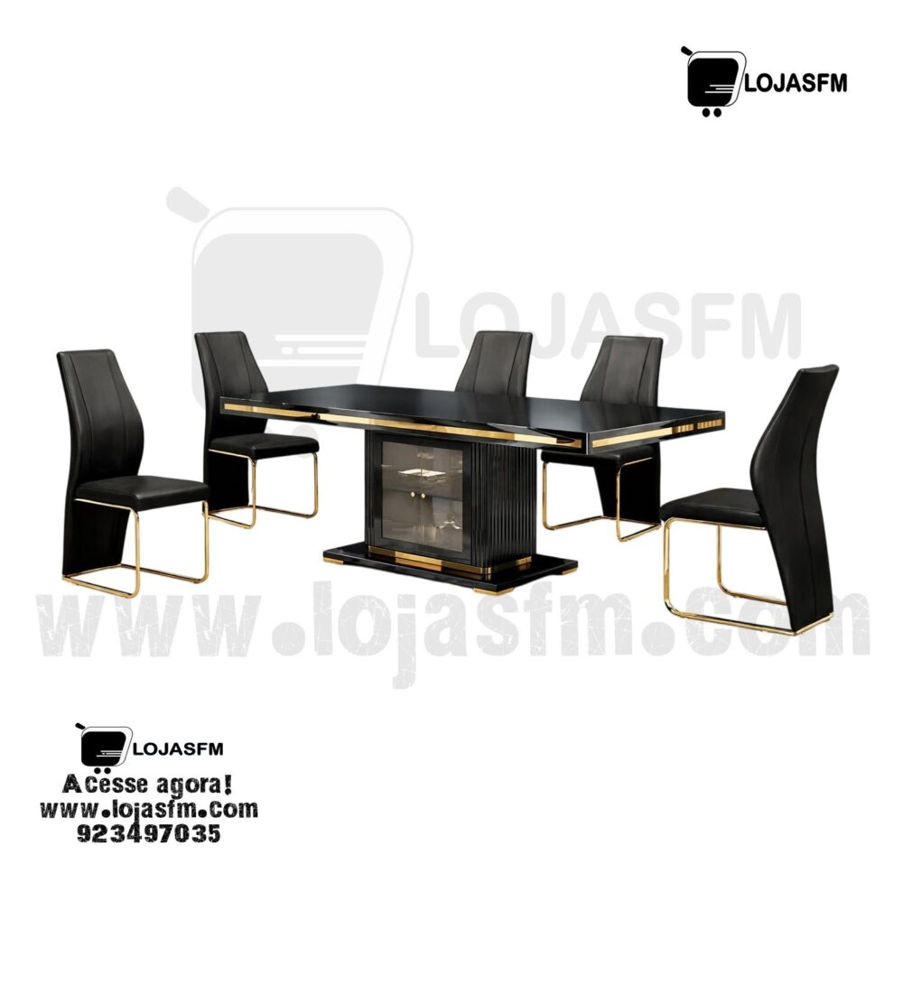 Mesa de Jantar Luxo com 6 Cadeiras – Design Moderno Preto e Dourado - Image 1