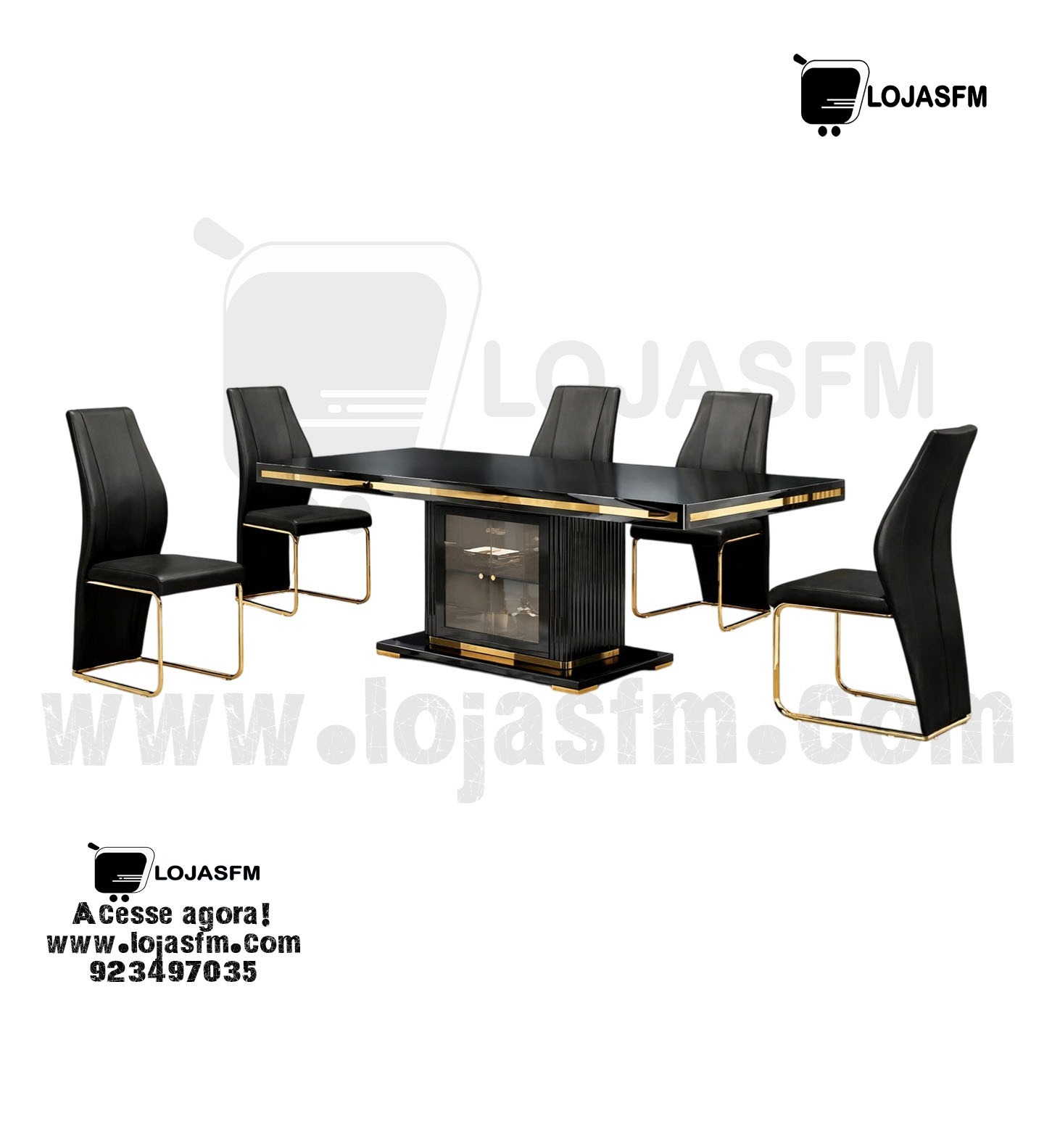 26-03-2026-02 Mesa de Jantar Luxo com 4 Cadeiras – Design Moderno Preto e Dourado - Image 1