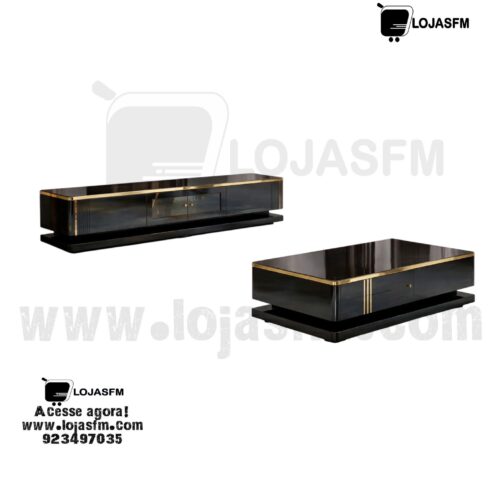 Conjunto Sala de Estar Luxo – Móvel TV + Mesa de Centro Preto e Dourado