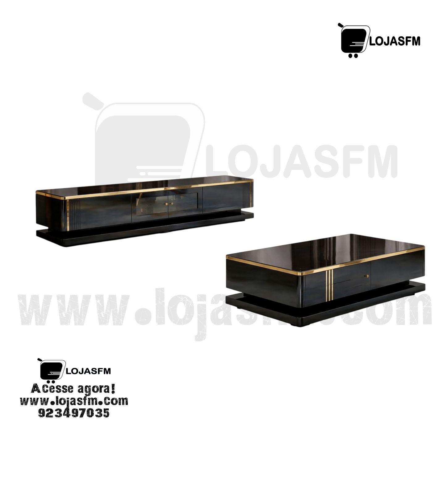 26-03-2026-04 Conjunto Sala de Estar Luxo – Móvel TV + Mesa de Centro Preto e Dourado - Image 1