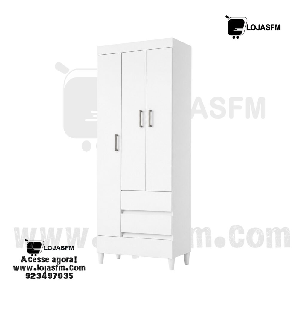 Roupeiro de 3 Portas com 2 Gavetas em Acabamento Branco – Entrega e Montagem Incluídas - Image 1