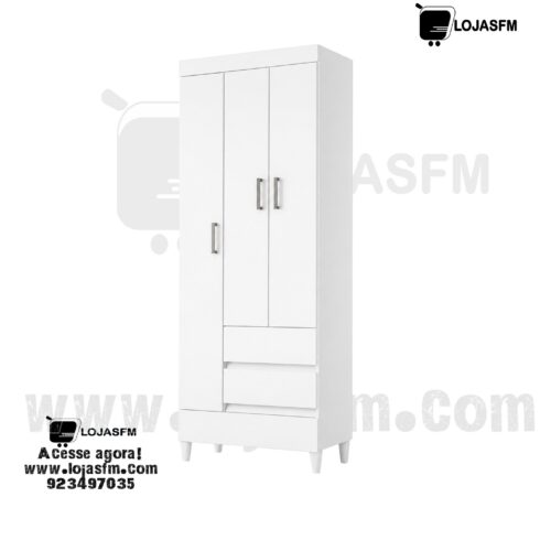 Roupeiro de 3 Portas com 2 Gavetas em Acabamento Branco – Entrega e Montagem Incluídas