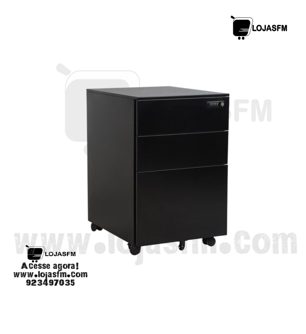 Bloco de gaveta com rodas Metálico para Escritório com 3 Gavetas e Chave – Preto - Image 1