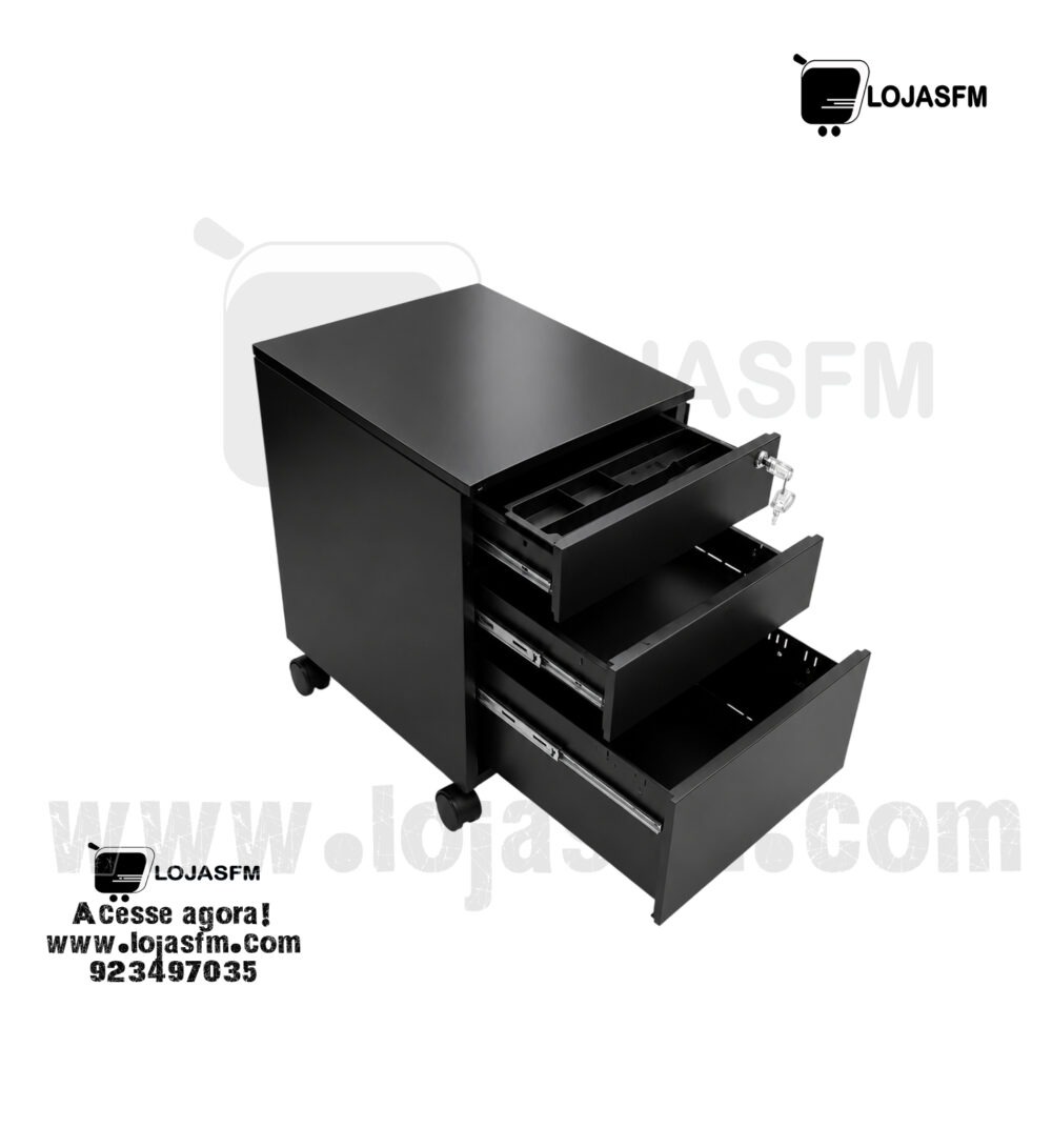 Bloco de gaveta com rodas Metálico para Escritório com 3 Gavetas e Chave – Preto - Image 2