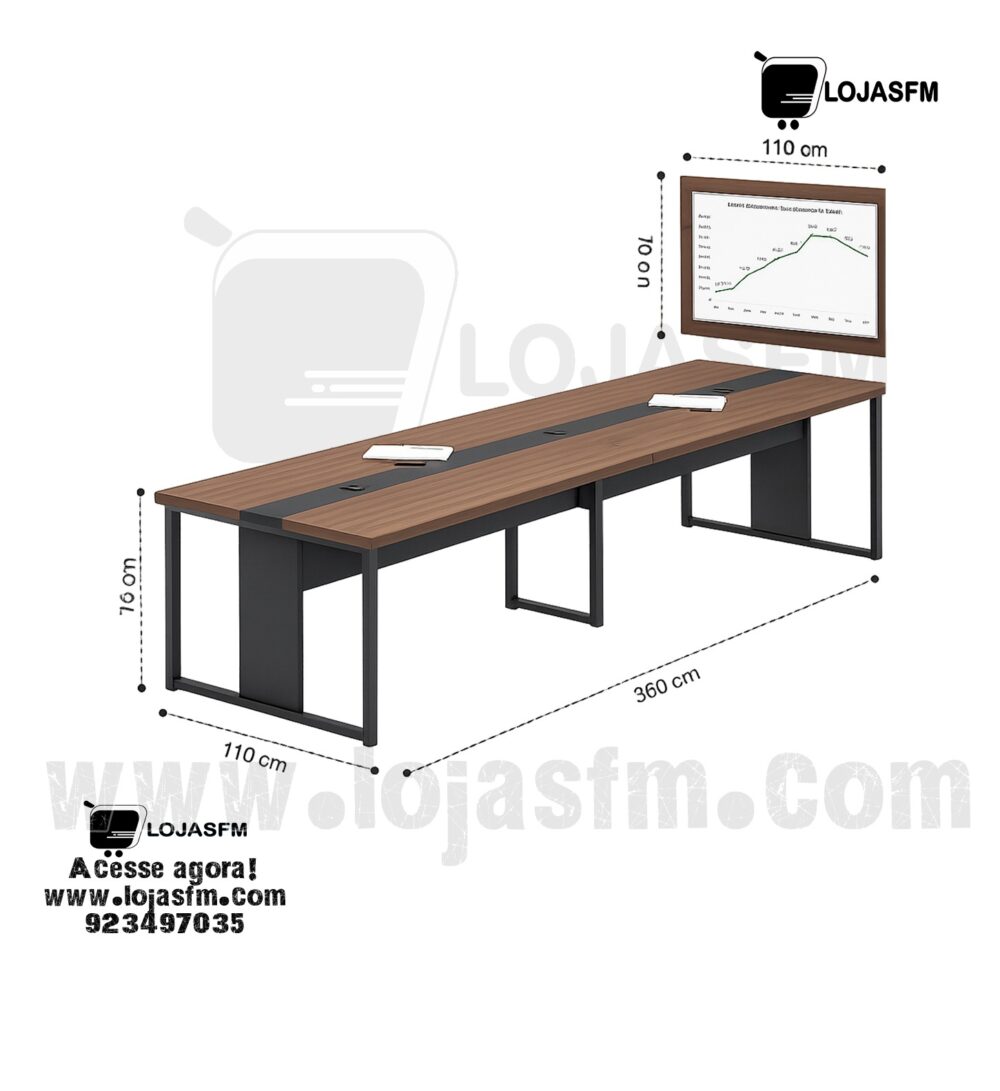 Mesa de Reunião Corporativa 360x110 cm com Passagem de Cabos | Mesa para Sala de Conferências - Image 1